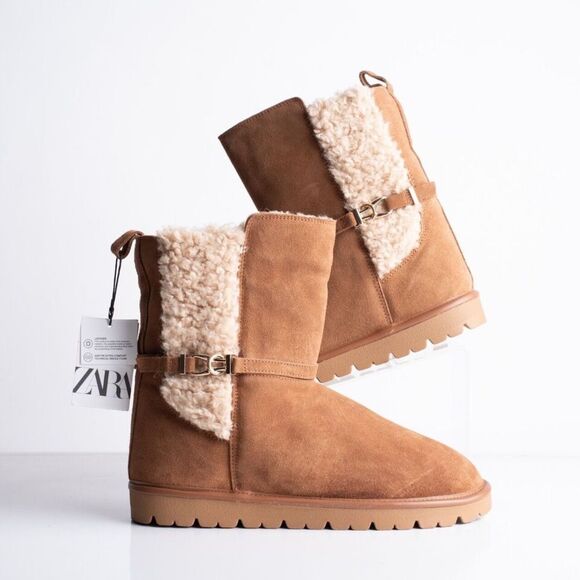 ZARA GENUINE SUEDE FAUX SHEARLING BOOTS - Picture 5 of 7